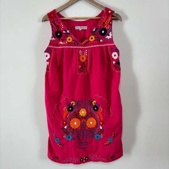 Erica Maree Boho Hot Pink Multicolor Embroidered Floral Mini Dress Size M - Picture 2 of 9